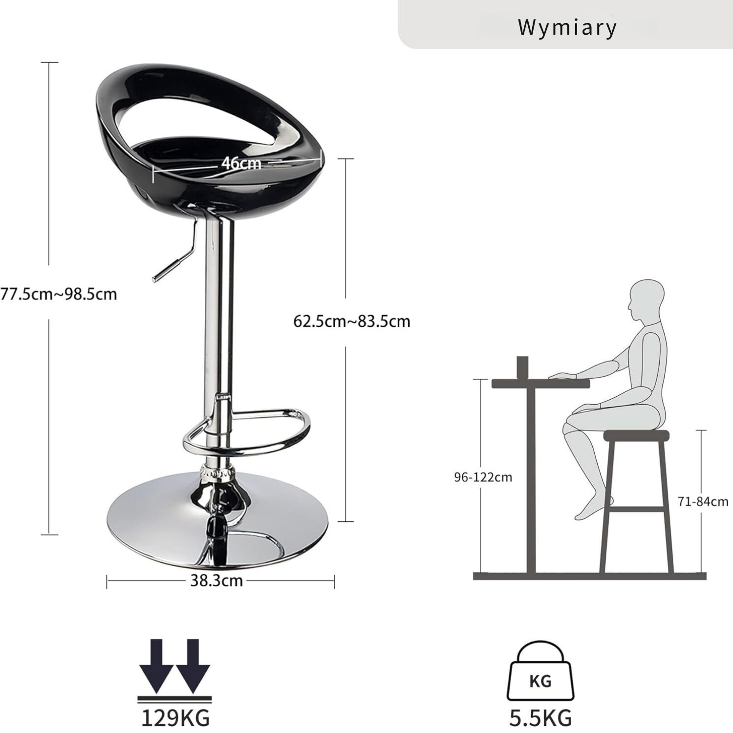 Zestaw 2 Lilimo AirSeat | Regulowane krzesło barowe z funkcją obrotu 360° | Antypoślizgową podstawą | Regulowane